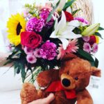 MIXED SPRING FLOWERS BOUQUET WITH TEDDY BEAR